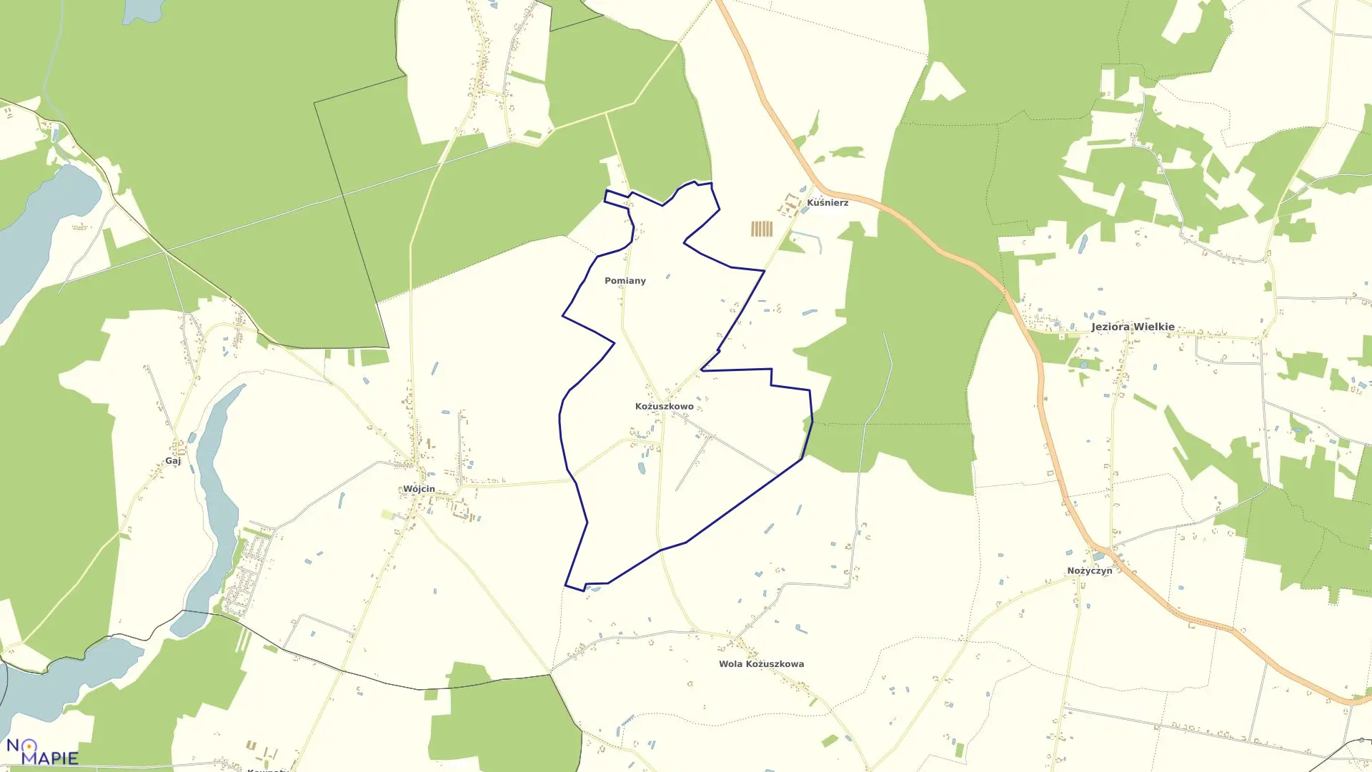 Mapa obrębu Kożuszkowo-Pomiany w gminie Jeziora Wielkie