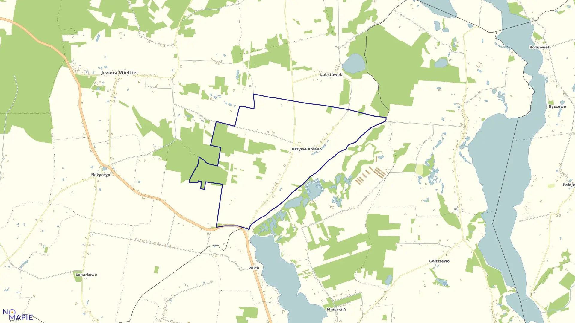 Mapa obrębu Krzywe Kolano w gminie Jeziora Wielkie