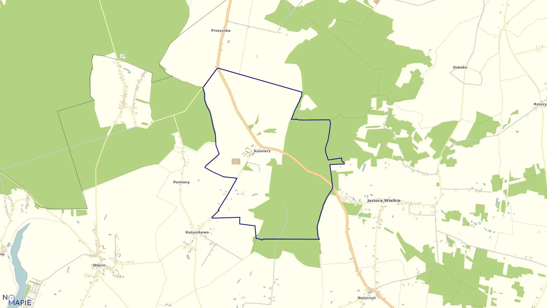 Mapa obrębu Kuśnierz w gminie Jeziora Wielkie